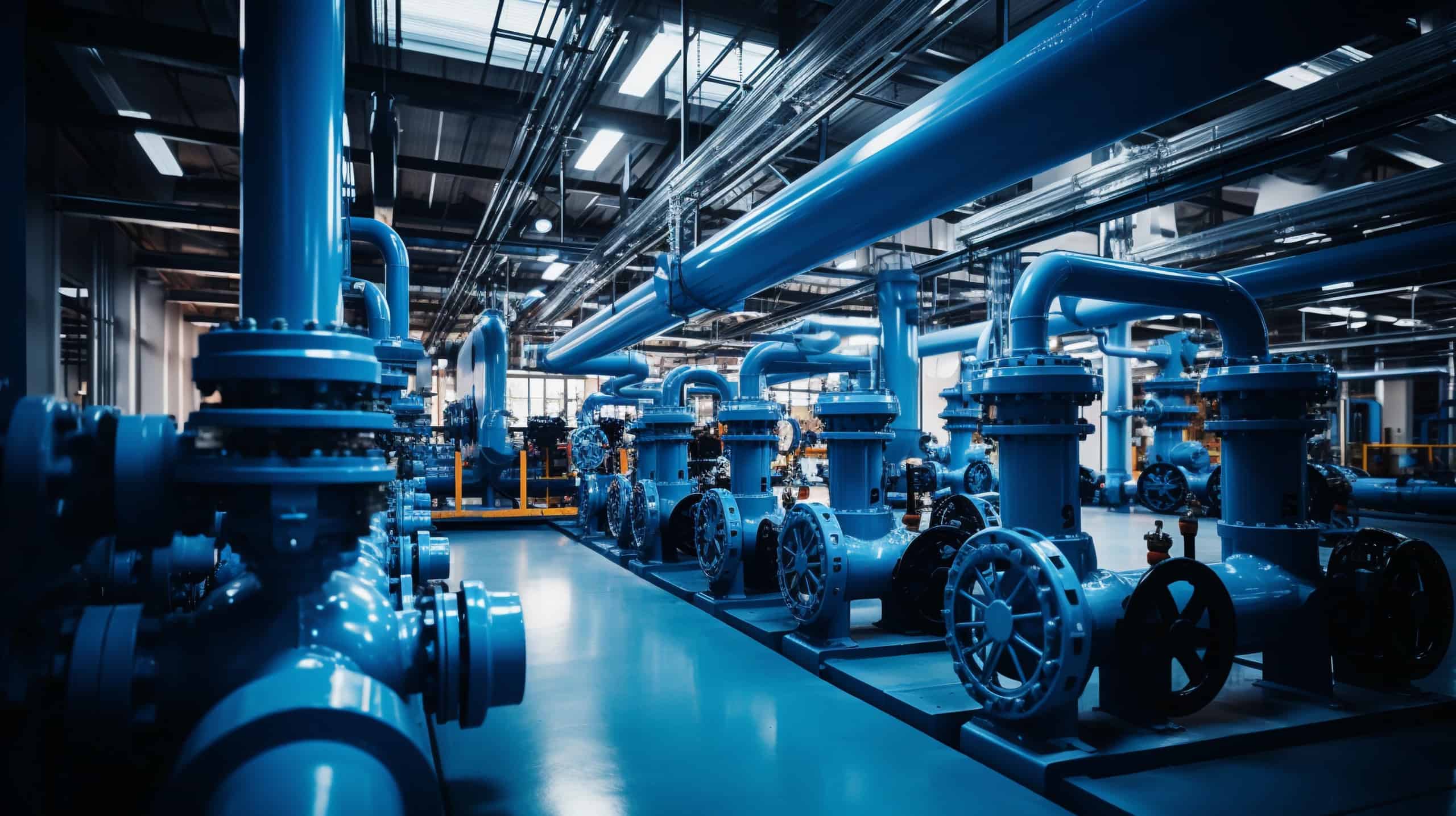 Industrial area. Steel pipelines valves and pumps in huge factory building